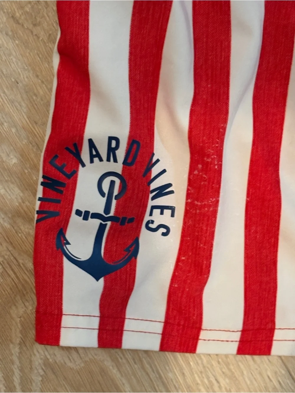 Vineyard Vines Red and White Striped Swim Trunks with Logo Patch